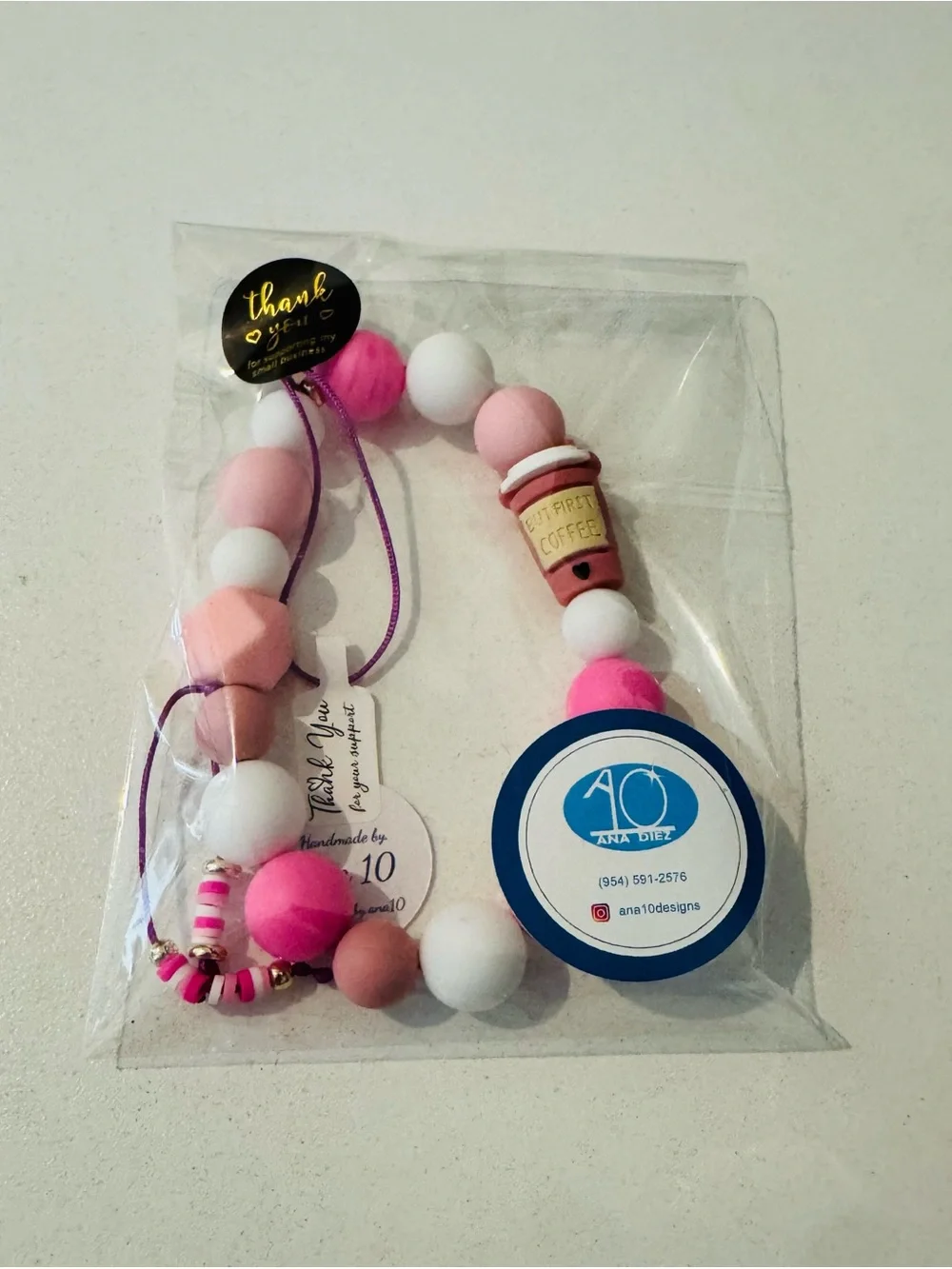 Pink & White Silicone Bead Wristlet Keychain with Coffee Charm